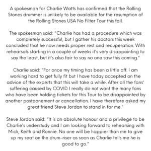 Official announcement that Charlie does not tour the US in 2021